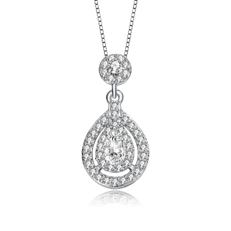 Silk cord necklaces-Sterling Silver With Rhodium Plated Pear And Round Cz Accent Drop Pendant Necklace