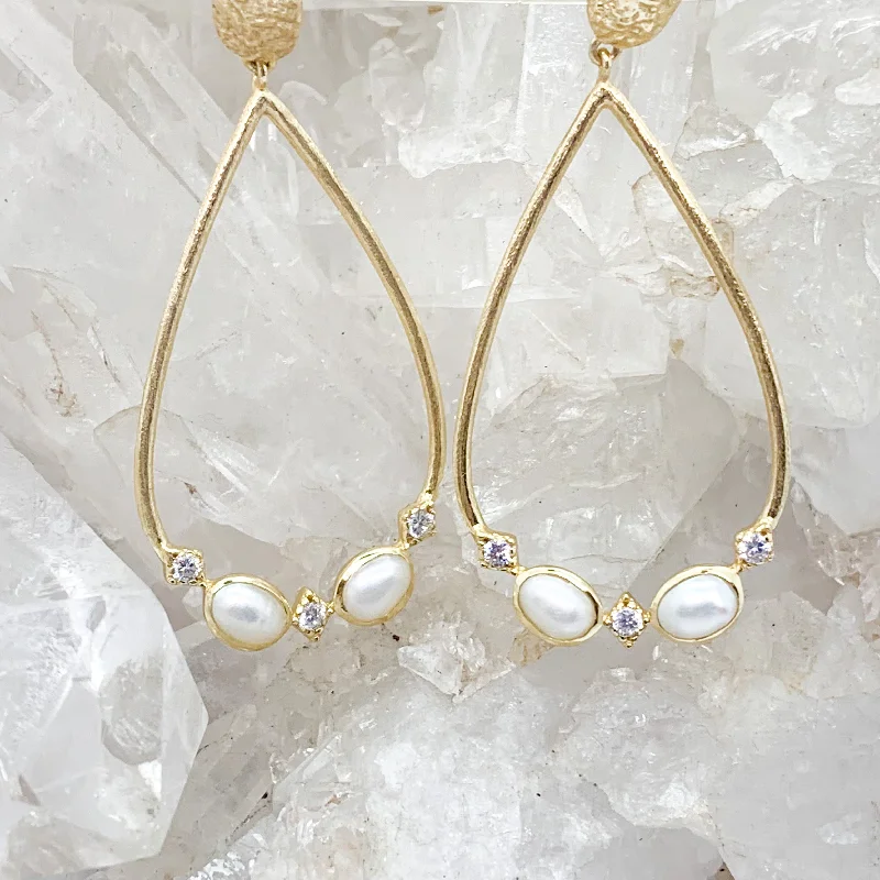 Warm clay earrings-Gold Plated Sterling Silver Pearl Stud Earrings With Clear Quartz $130