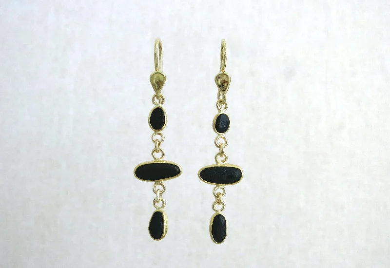 Emerald stone earrings-Black Pebble Triple Drop Earrings | A