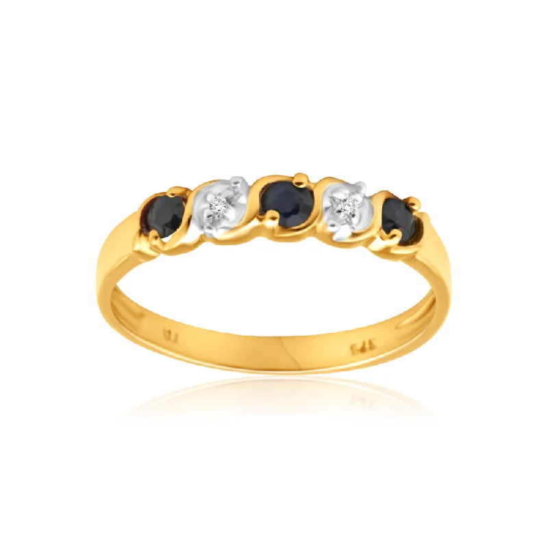 Ruby inlay rings-9ct Yellow Gold Exquisite Diamond + Natural Sapphire Ring