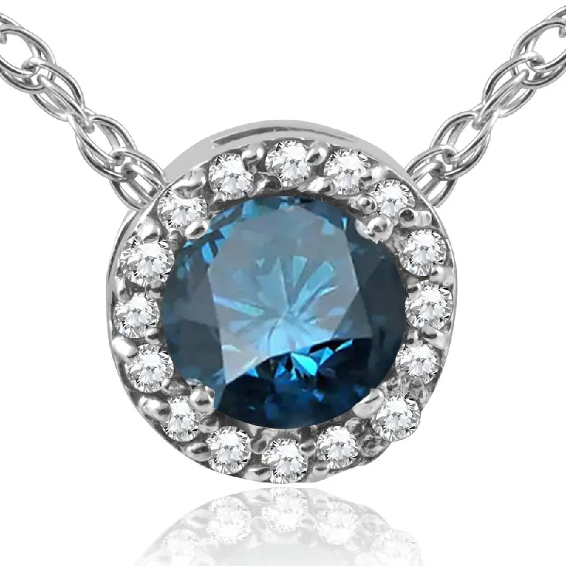 Clear-line necklaces-1/2ct Blue Diamond Pave Halo Pendant 14K White Gold Womens Necklace & 18" Chain