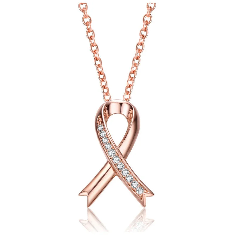 Spinel necklaces-Teens/Young Adults 18k Rose Gold Plated with Clear Cubic Zirconia Ribbon Pendant Necklace