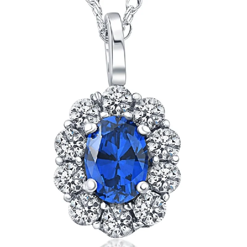 Engraved letter necklaces-2 ct Oval Created Blue Sapphire & Genuine Diamond Halo Pendant 14K White Gold