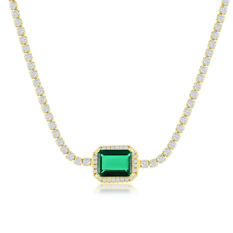 Silk tassel necklaces-Sterling Silver Asscher-Cut Emerald CZ Tennis Choker - Gold Plated