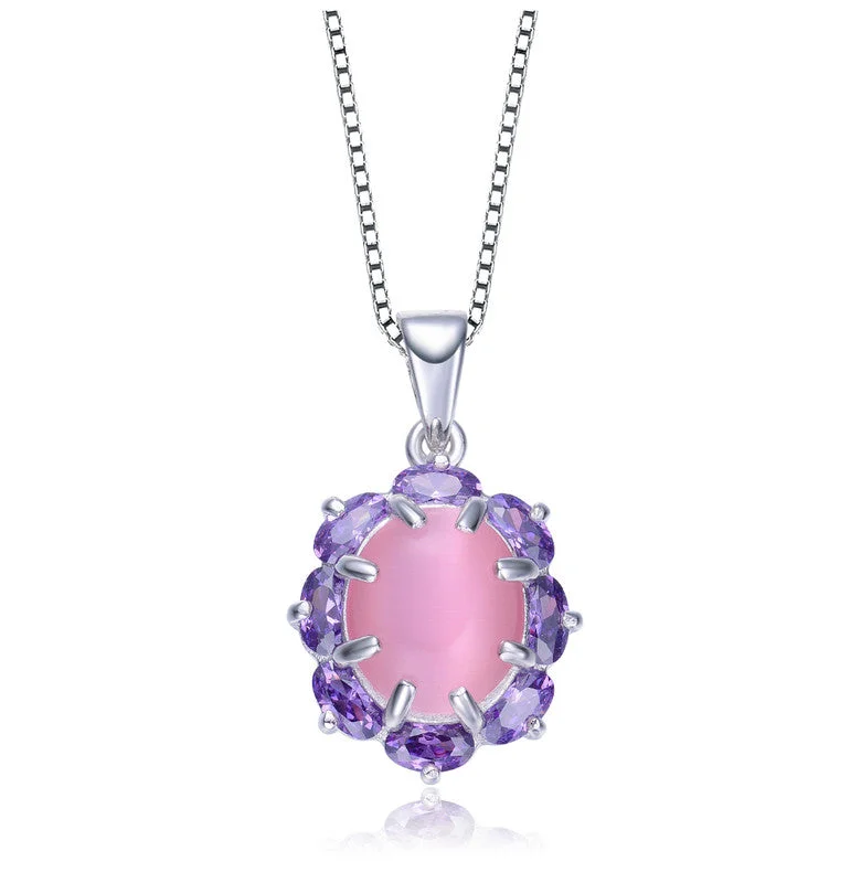 Surf wave necklaces-Sterling Silver Purple Cubic Zirconia And Pink Glass Oval Necklace