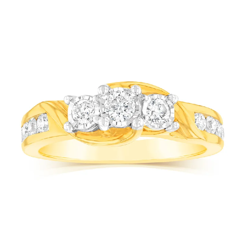 Crystal-twisted rings-10ct Yellow Gold 0.45 Carat Diamond Trilogy Ring with 3 Round Brilliant Cut Diamonds