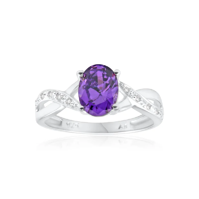 Large stone rings-Sterling Silver Cubic Zirconia Purple Oval Ring