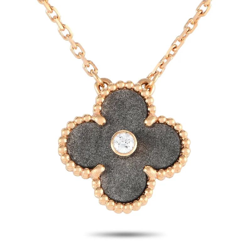 Aged medallion necklaces-Van Cleef & Arpels Holiday Alhambra 18K Rose Gold Diamond and Obsidian Necklace VCARP9T000