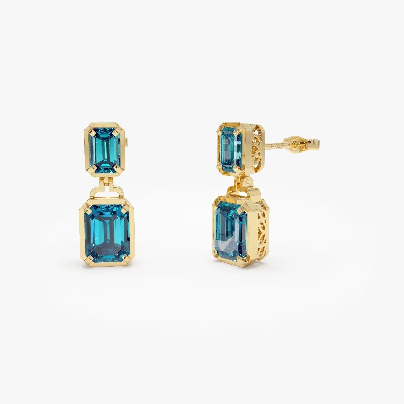 Lunar glow earrings-14K Emerald London Blue Topaz Dangle Drop Earrings