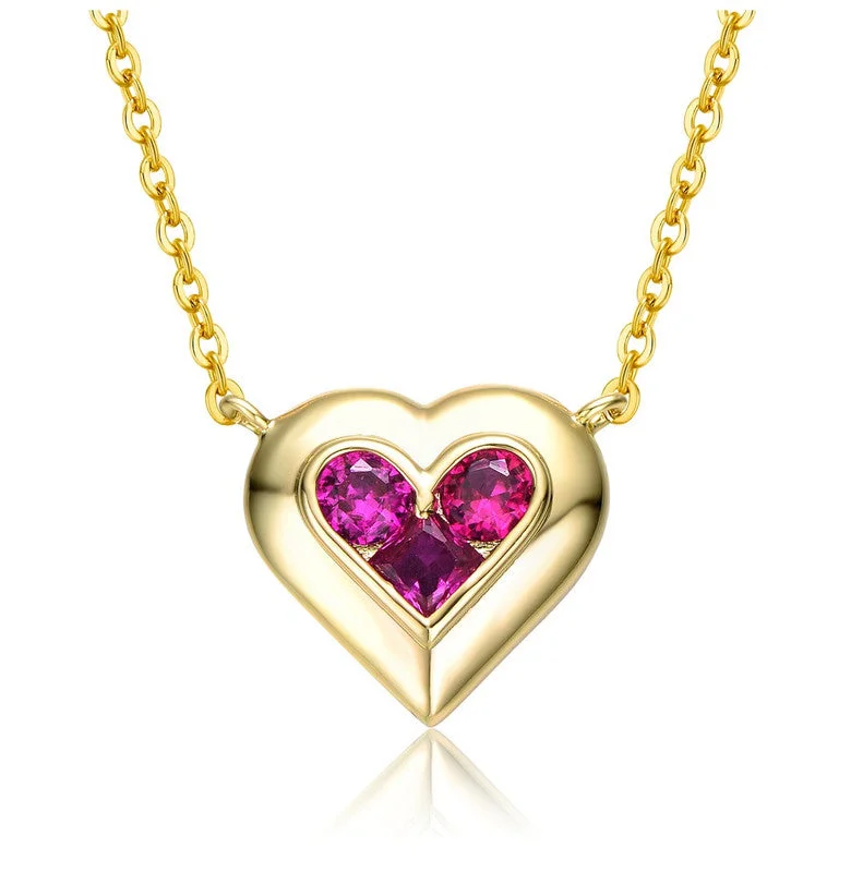 Wool thread necklaces-14k Gold Plated with Ruby Red Cubic Zirconia Cluster Petite Heart Halo Pendant Necklace