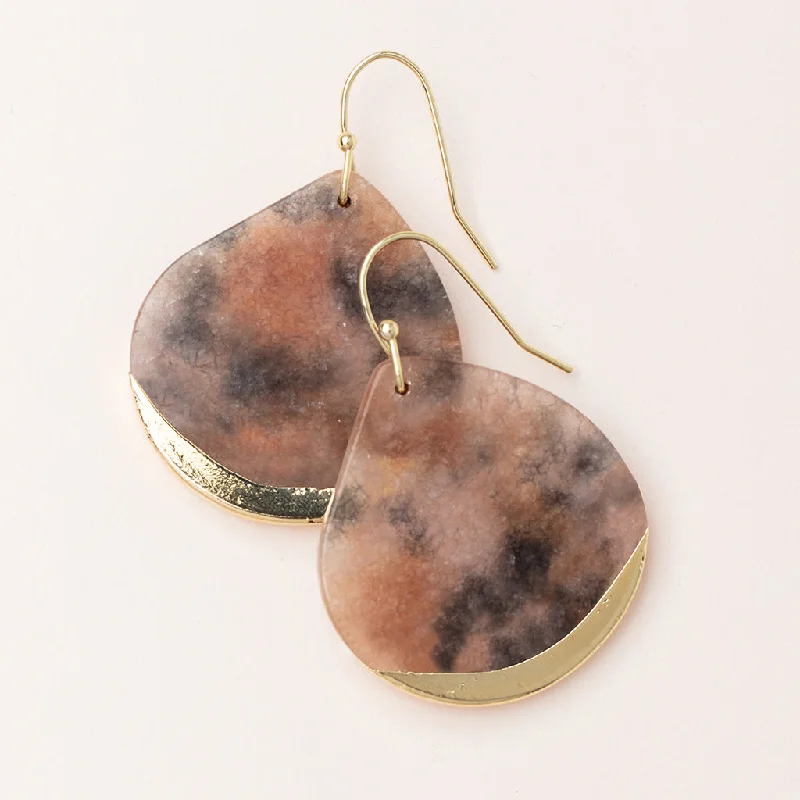 Oval dangle earrings-Stone Dipped Teardrop Earring - Pink Agate/Gold