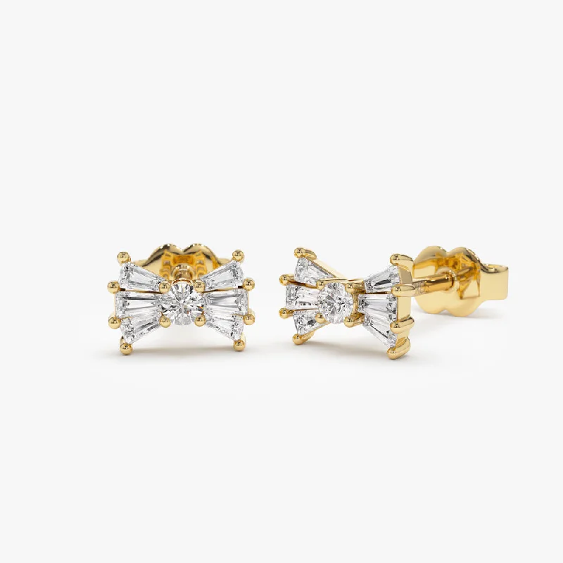 Onyx stone earrings-14k Baguette and Round Diamond Bow Stud Earrings