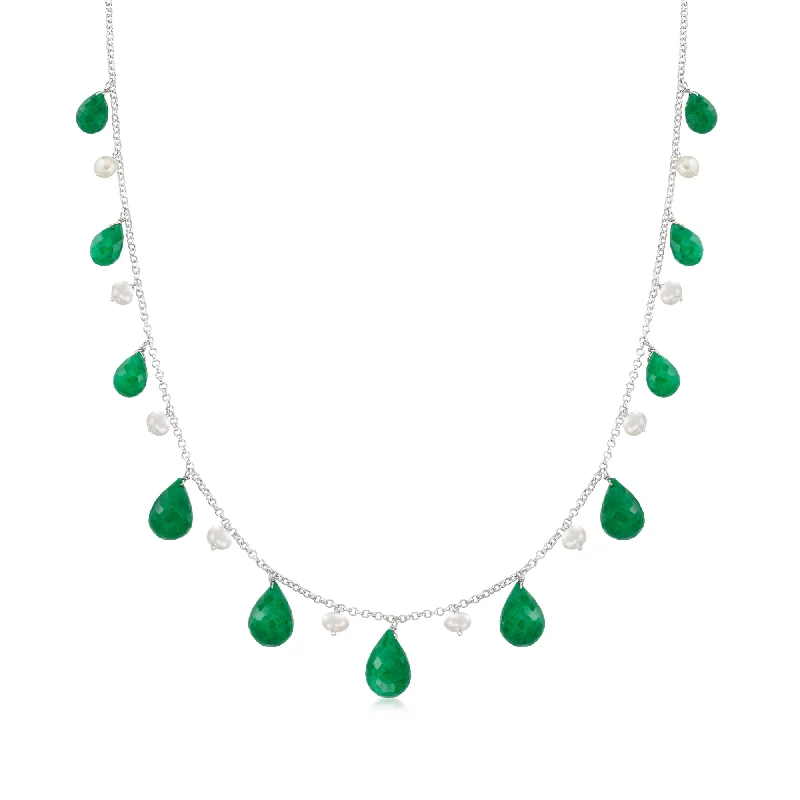 Smooth gem necklaces-Ross-Simons 4-5mm Cultured Pearl and Emerald Bead Necklace in Sterling Silver