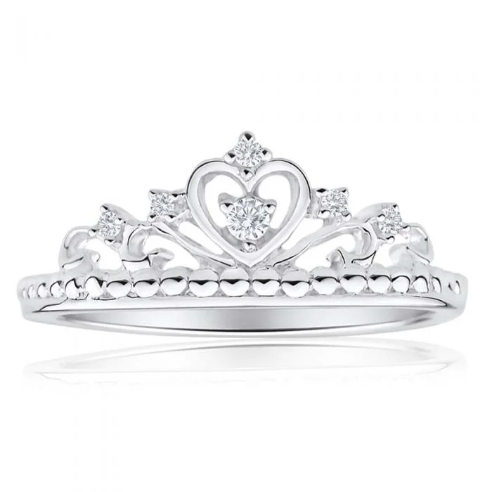 Lock band rings-Sterling Silver Cubic Zirconia Heart Crown Ring  *Resize 1-2 Sizes*