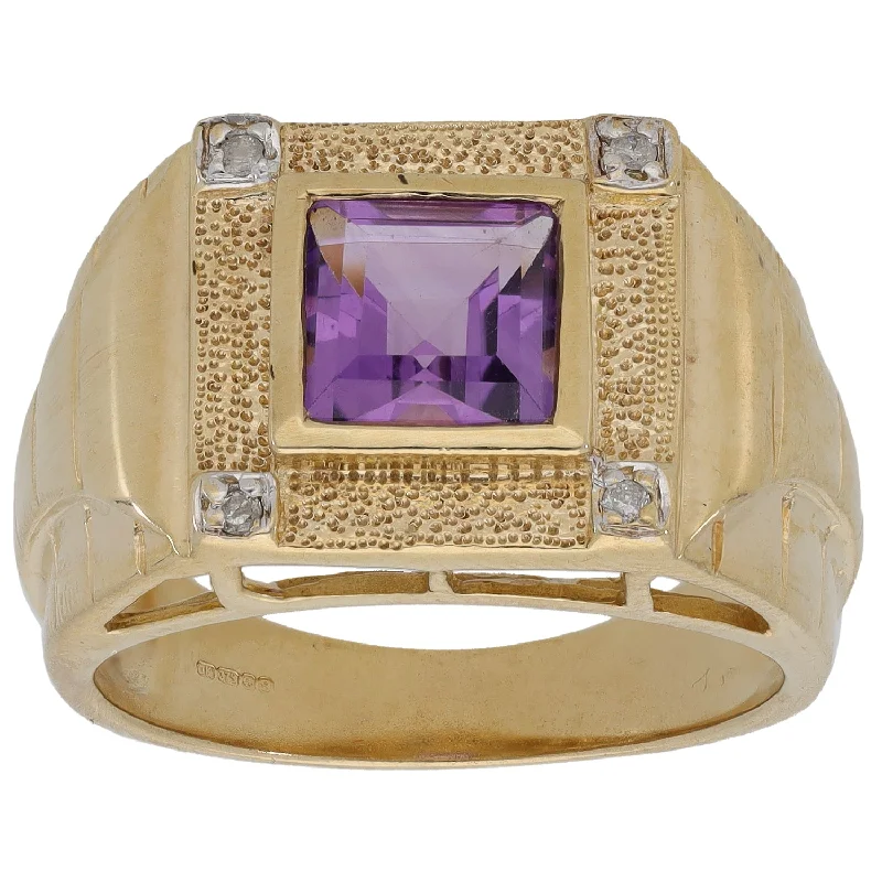 Silk edge rings-9ct Gold Amethyst & 0.04ct Diamond Patterned Signet Ring Size T