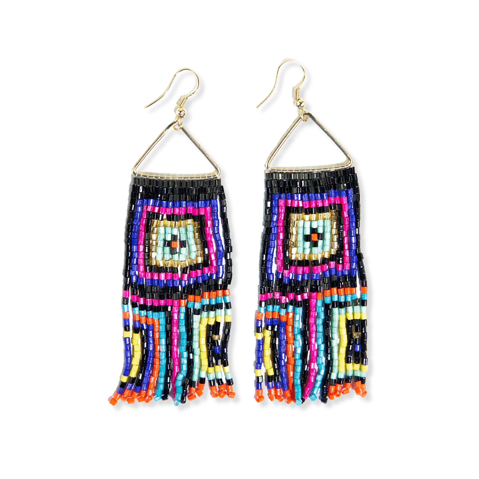 Tiny dot earrings-Neon Black Square Fringe Earrings