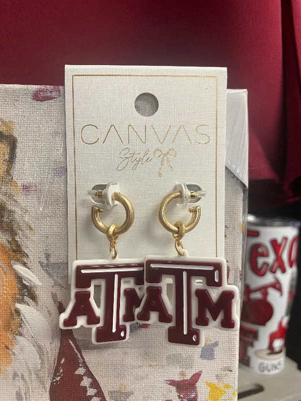 Thin hoop earrings-Texas A&M Resin Logo Drop Hoop Earrings