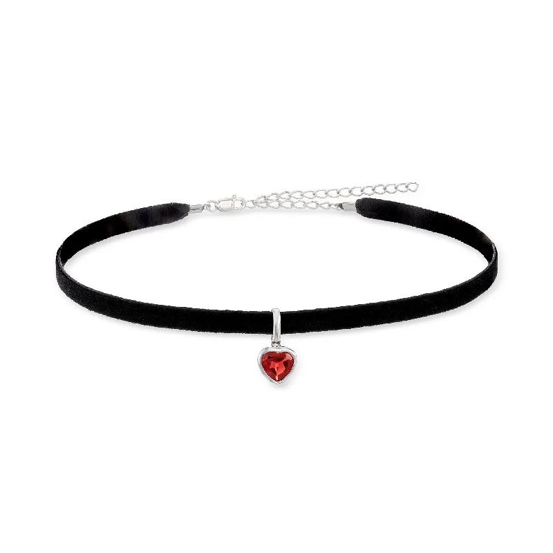 Raised bar necklaces-Ross-Simons Garnet Heart and Black Velvet Choker Necklace in Sterling Silver