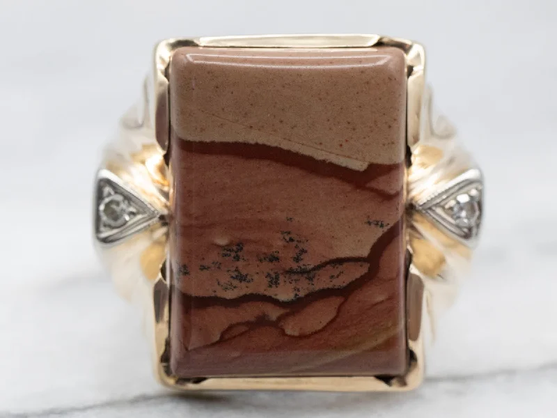 Crystal-twisted rings-Beautiful Yellow Gold Jasper Ring with Diamond Accents