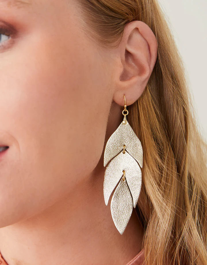 Thick statement earrings-Leaf Leather Earrings Gold