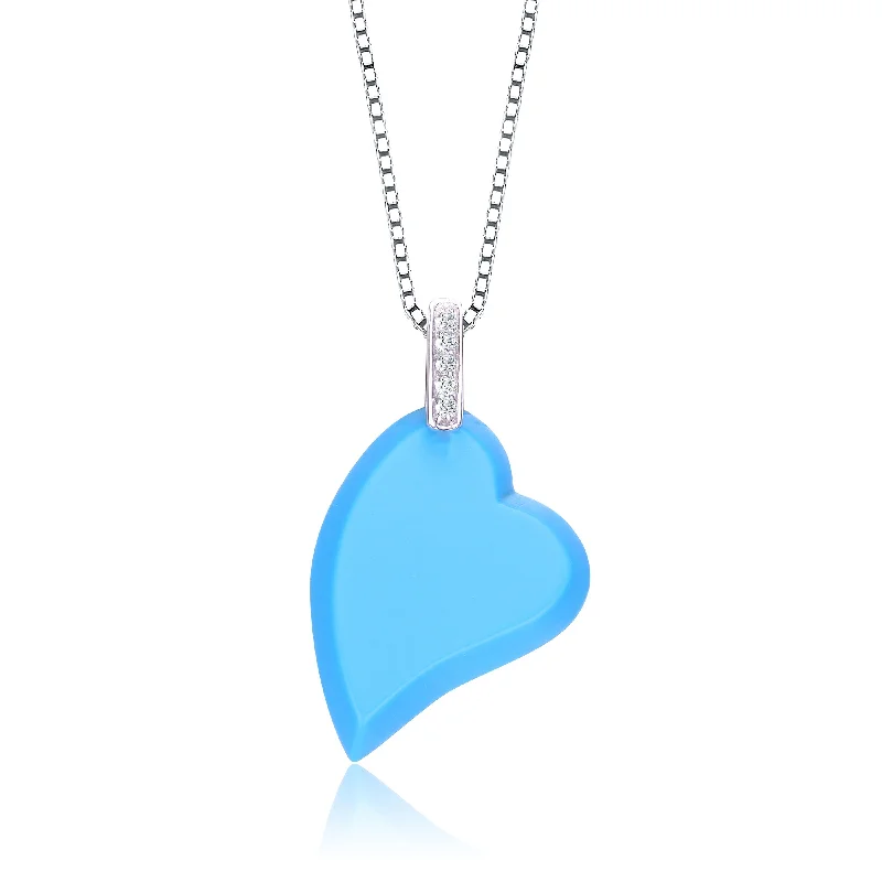 Cebu style necklaces-C.z. Sterling Silver Rhodium Plated Heart Shape Turquoise Mother Of Pearl Pendant