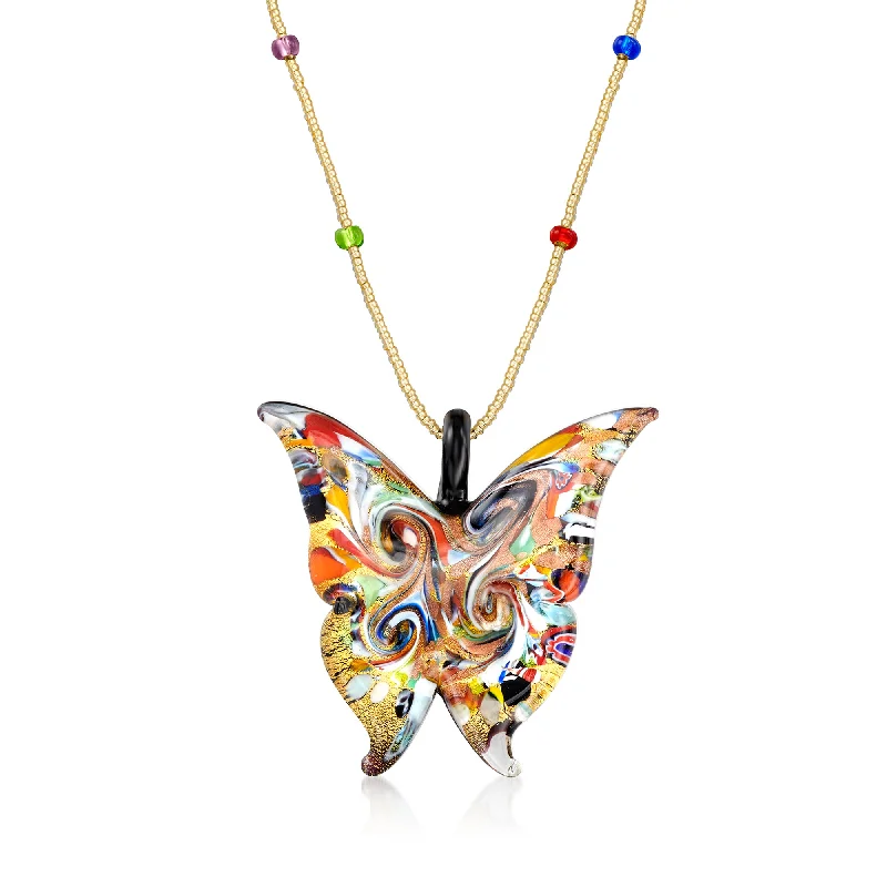 Bold druzy necklaces-Ross-Simons Italian Multicolored Murano Glass Butterfly Pendant Necklace With 18kt Gold Over Sterling