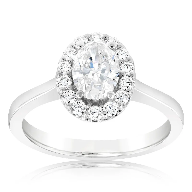 Sky birthstone rings-Luminesce Lab Grown 18ct White Gold 1 Carat Diamond Oval Halo Ring