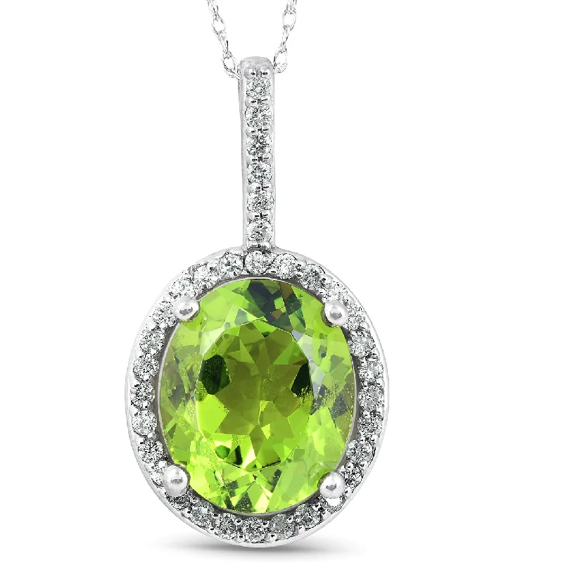 Soft yarn necklaces-5 1/3 Ct Diamond Oval Peridot Pendant 14k White Gold