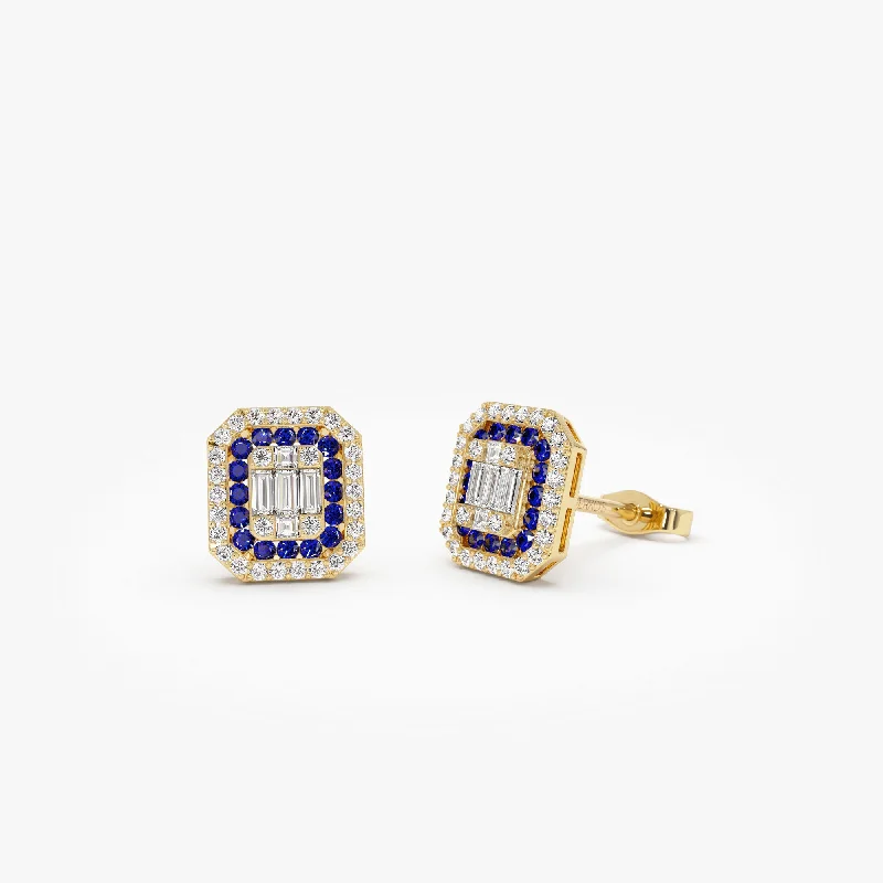 Gloss finish earrings-14k Baguette and Round Sapphire Studs Halo Setting