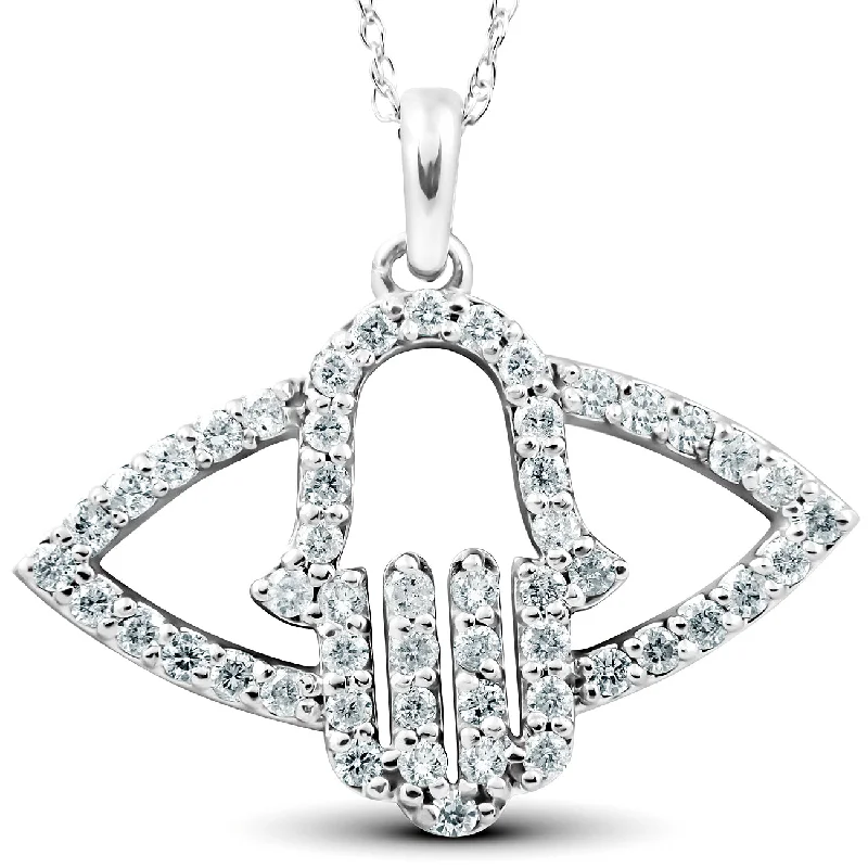 Cloud glass necklaces-1/2 Ct Diamond Hamsa Evil Eye Hand Pendant 14k White Gold