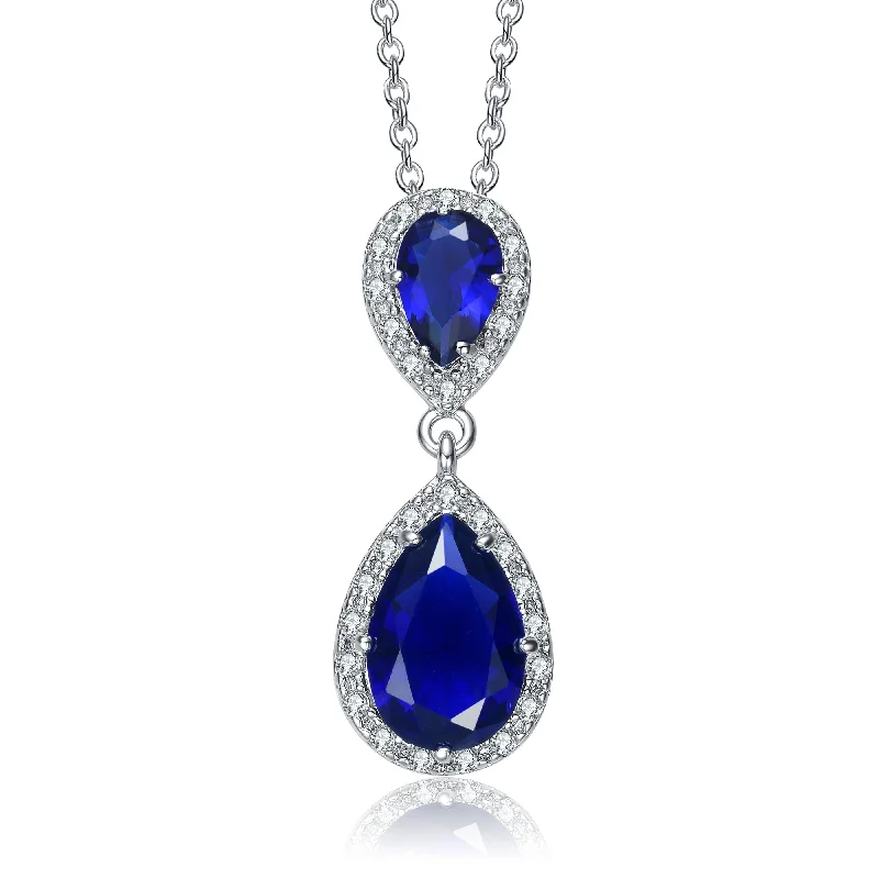 Thick link necklaces-Sterling Silver With Rhodium Plated Two Sapphire Blue Pear With Round Cubic Zirconia Halo Drop Necklace