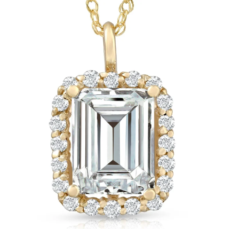 Light filigree necklaces-3 1/2 Ct Emerald Moissanite & Lab Grown Diamond Halo Pendant 14k Gold Necklace