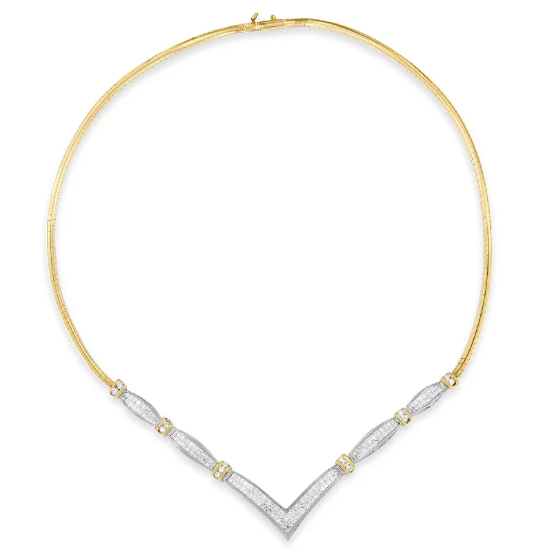 Floating stone necklaces-14K Yellow and White Gold 3.00 Cttw Round and Princess Cut Diamond "V" Shape Statement Necklace