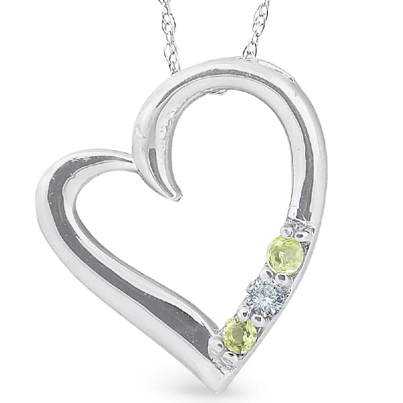 Bow knot necklaces-Diamond & Peridot Heart Pendant 3-Stone 10K White Gold with 18" Chain