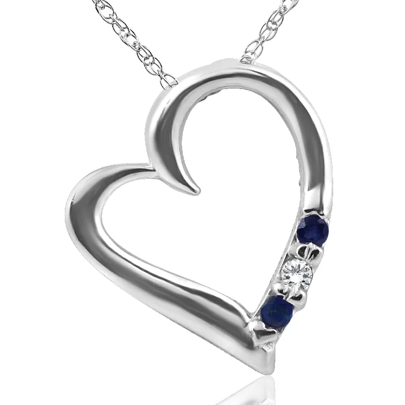 Sky sign necklaces-Diamond & Blue Sapphire Heart Pendant 3-Stone 14K White Gold with 18" Chain