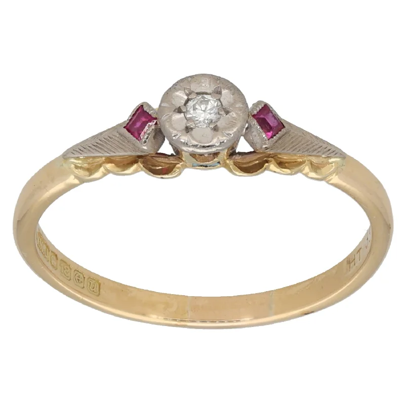 Light filigree rings-18ct Bi-Colour Gold Ruby & 0.02ct Diamond Three Stone Ring Size R