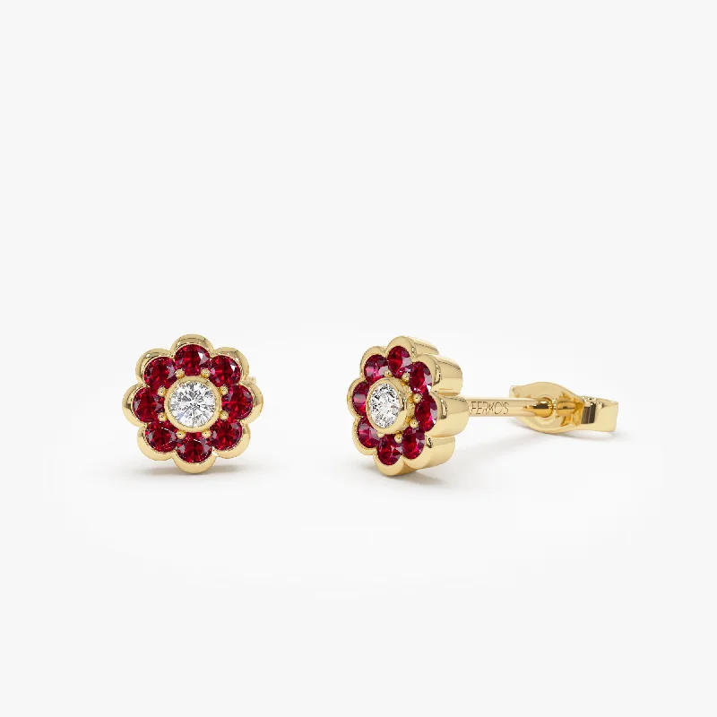 Fused metal earrings-14K Bezel Setting Ruby Flower Diamond Studs