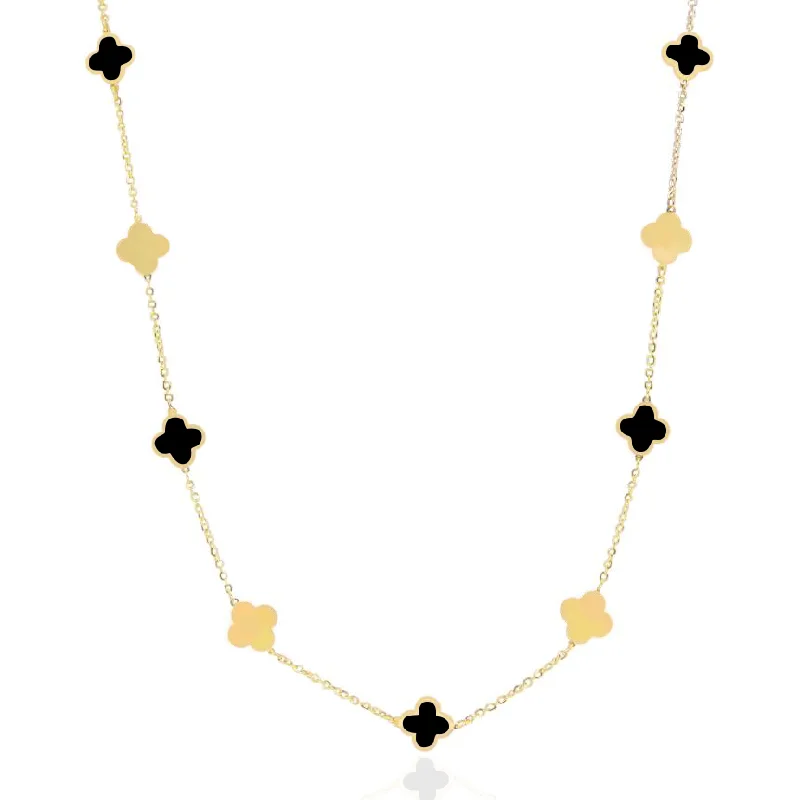 Art deco necklaces-Mini Onyx and Gold Clover Necklace