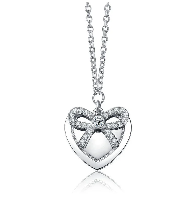 Lily flower necklaces-White Gold Plated Bow Tie on Heart Shaped Pendant Necklace