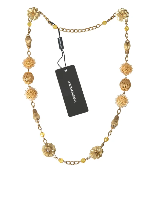 Wide chain necklaces-Dolce & Gabbana Crystal Flower Filigree  Brass Statement Women's Necklace