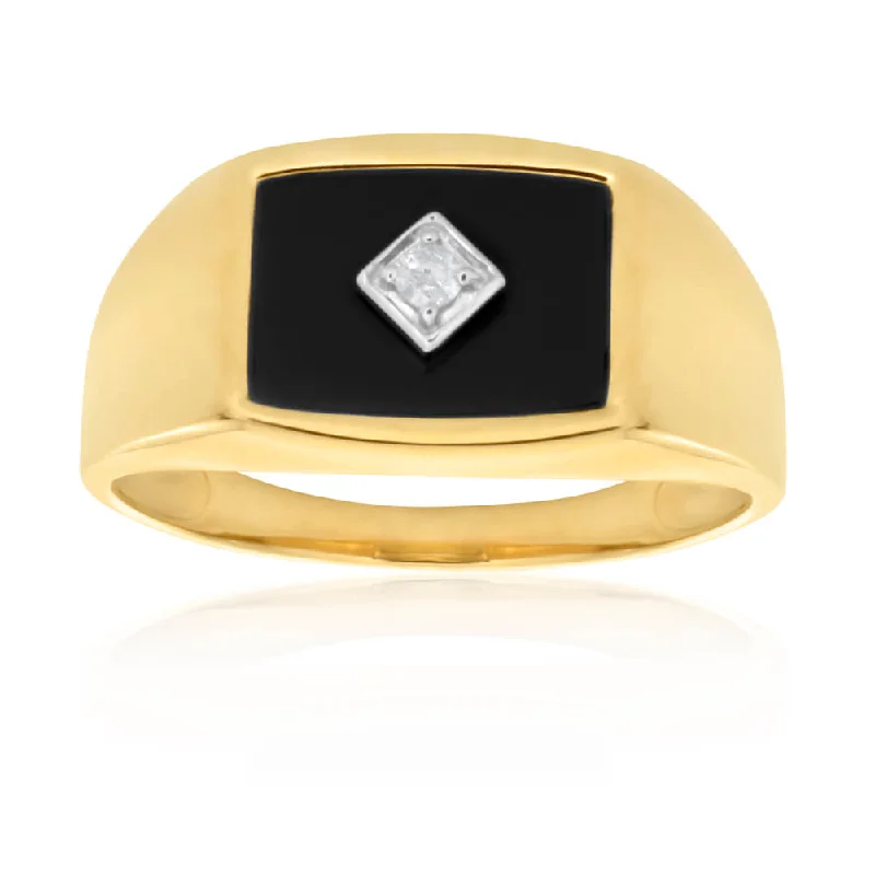 Thin star rings-9ct Yellow Gold Onyx and Diamond Gents Ring