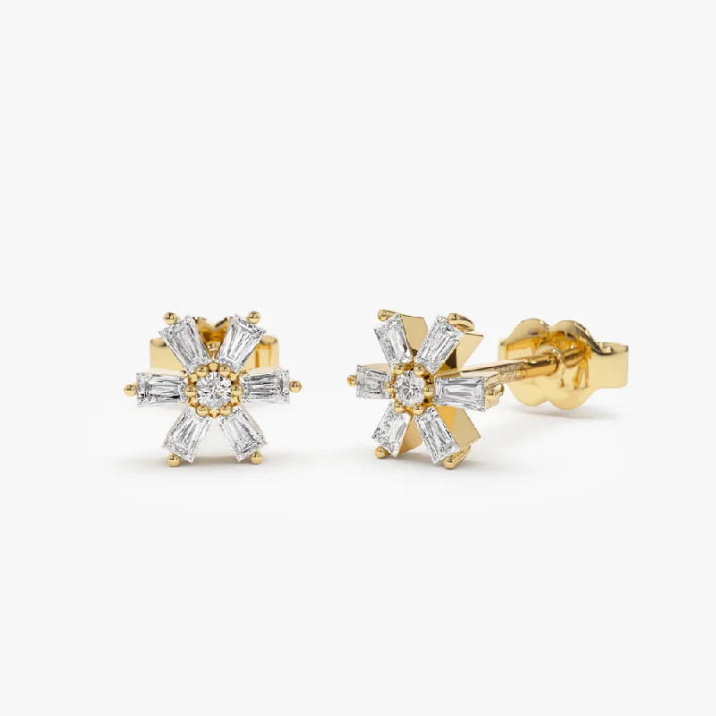 Smooth art earrings-14k Mini Flower Baguette Diamond Earrings