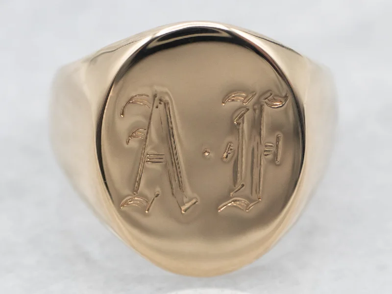 Light filigree rings-Yellow Gold "AF" Monogrammed Signet Ring