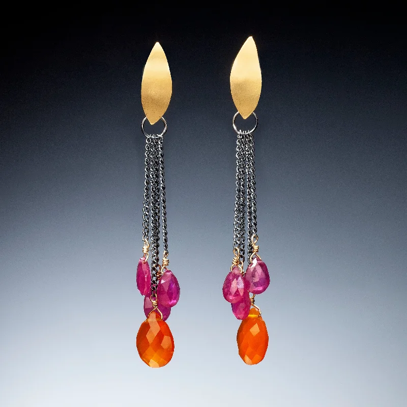 Thick statement earrings-Gold Earrings with Pink and Orange Drops