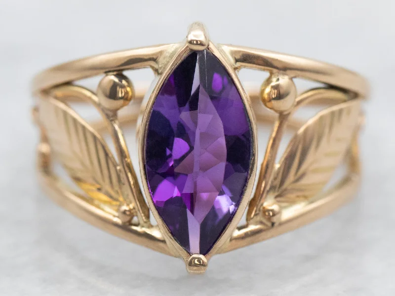 Large geometric rings-Vintage Marquise Cut Amethyst Ring with Leaf Details