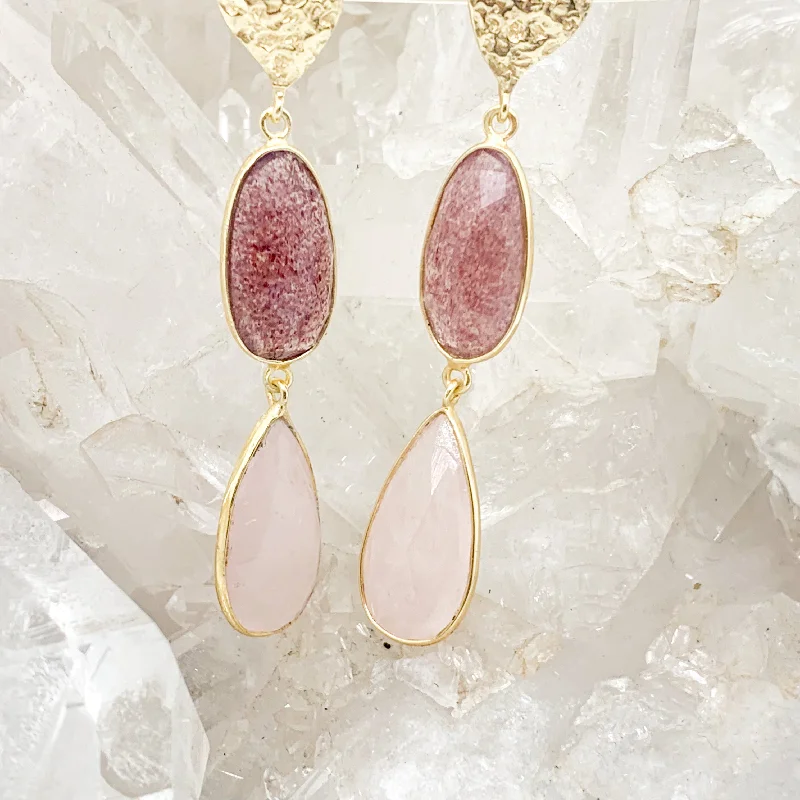 Stacked drop earrings-Gold Plated Sterling Silver Pink Tourmaline Stud Earrings With Rose Quartz $120