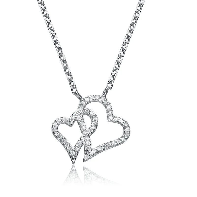 Cloud glass necklaces-Gv C.z. Sterling Silver Sterling Silver Rhodium Plated Double Heart Micro Pave Pendant