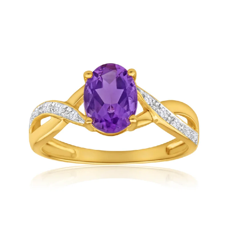 Charming rings-9ct Yellow Gold Amethyst + Diamond Cross Over Ring