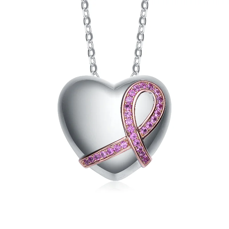 Oval pendant necklaces-Sterling Silver Two Tone and Pink Cubic Zirconia Heart Necklace