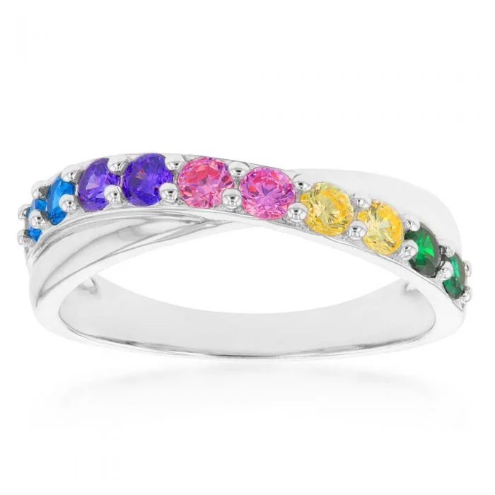 Wide band rings-Sterling Silver Rainbow Multicolour Cubic Zirconia Crossover Ring